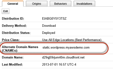 Create CNAME for CloudFront distirbution point for W3TC